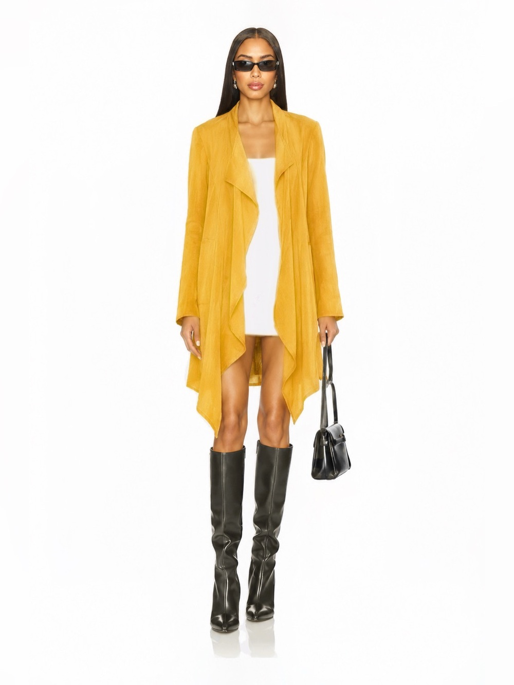 NEW MUSTARD YELLOW duster Draped Open-Front Trench Coat marigold waterfall cut